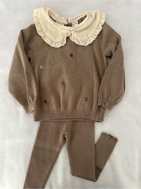 Zara Brown Knit Top and Leggings Set with Cream Collar